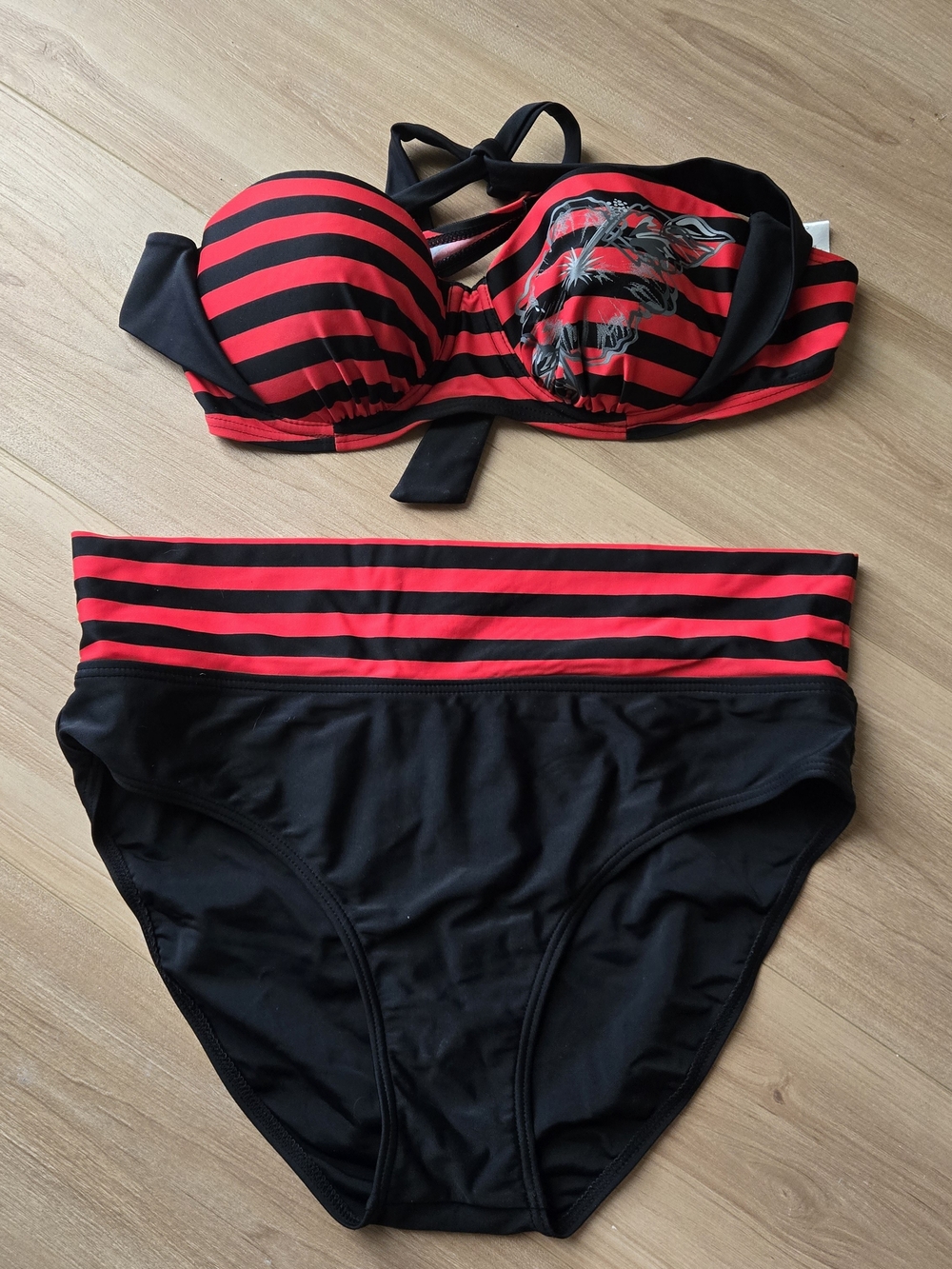 Red & Black Stripe Bikini Set - Women Swim